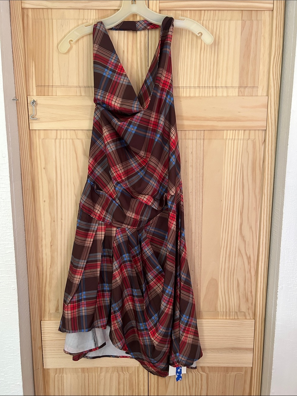 Cider Halter Backless Plaid Dress in Brown with Red & Blue Accents